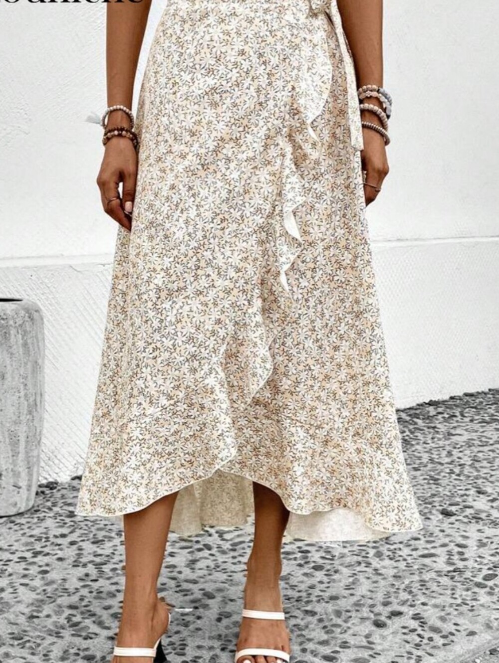 Cream Floral Ruffle Wrap Maxi Skirt - Picture 3 of 10